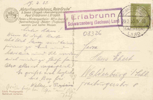 Rote Grube Sosa, Ore Mountains; rural postmarks from Erlabrunn and Schwarzenberg (Saxony), 1933.
