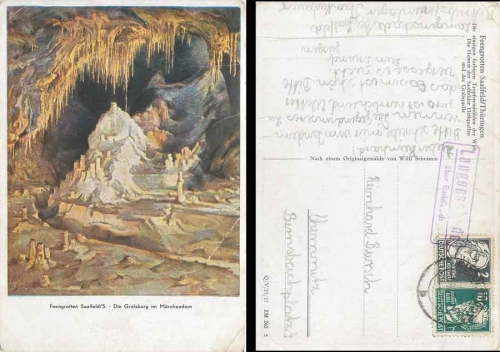 07333 Langenschade about Rudolstadt Country postmark on postcard Feengrotten o 7.8.1952