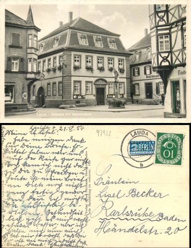 Lauda Königshofen Rathaus Mariensäule o 21.5.1954