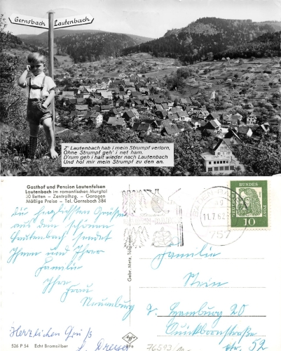 76593 Lautenbach Landpoststempel o 11.7.1962 AK mit Gasthof Lautenfelsen