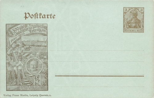 Leipzig 500 Jahre Universität Privatganzsache 3 Pfennig Germania o Markranstädt 19.9.1909