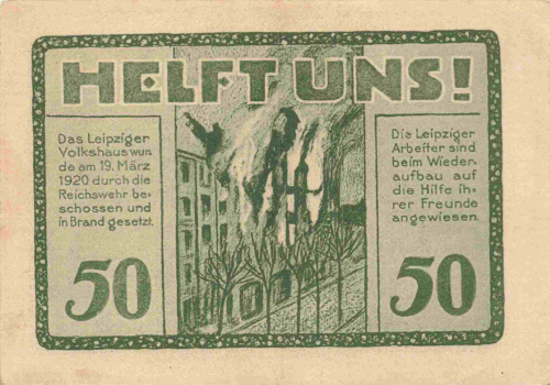 Leipzig donation token: Volkshaus shelled and set on fire by the Reichswehr, 1920.