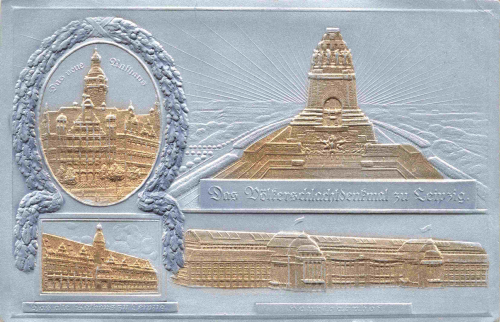 Leipzig Völkerschlachtdenkmal Hauptbahnhof Rathäuser Prägelitho o 1913