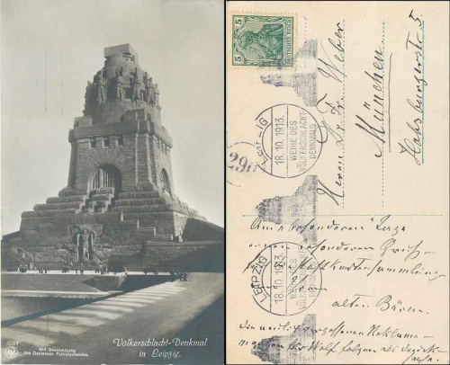 Leipzig Monument to the Battle of the Nations special cancellation dedication 18.10.1913 to Munich postman stamp 290