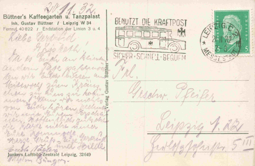 Leipziger Büttners Kaffeegarten und Tanz Palast Endstation der Linie 3 und 4 o 1932