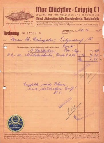 Leipzig Waldenburg Briefkopf Firma Max Wächtler Stoff-Fabrik 1935