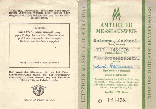 Leipzig Official Trade Fair Pass 1959