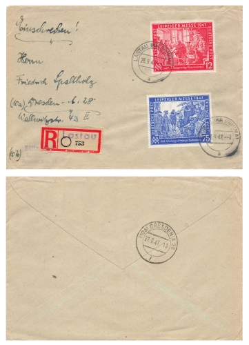 Leipziger Messe 1947 Michel 965 966 auf R-Brief  o Lastau 26.9.1947 nach Dresden