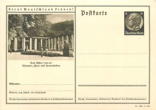 Get to know Germany! Bad Elster Wandelhalle postal stationary 6 Pfennig Hindenburg brown * 1941