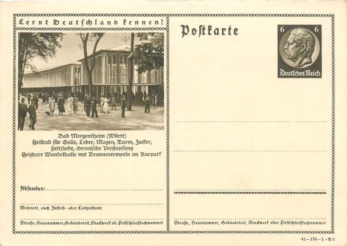 Get to know Germany! BAd Mergentheim postal stationary 6 Pfennig Hindenburg brown * 1941