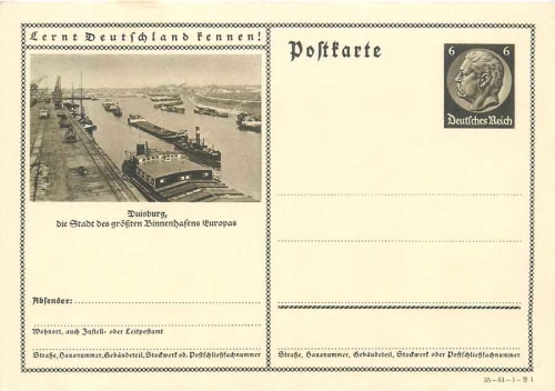Get to know Germany! Duisburg harbor postal stationary 6 Pfennig Hindenburg brown * 1935