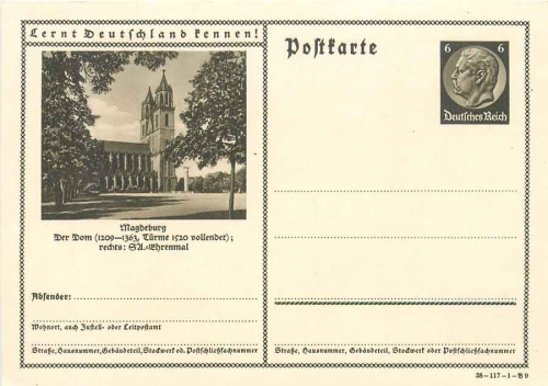 Lernt Deutschland kennen! Magdeburg Ganzsache 6 Pfennig Hindenburg braun * 1938