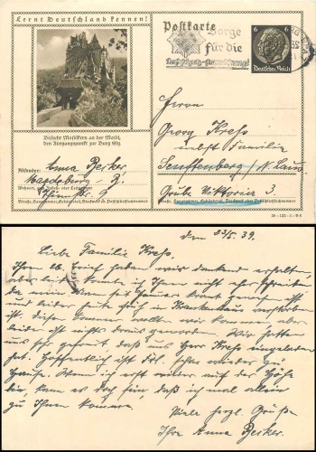 Lernt Deutschland kennen! Moselkern Ganzsache 6 Pfennig Hindenburg braun o Magdeburg 23.5.1939