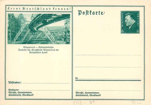 Get to know Germany! Wuppertal suspension railway stationery 6 Pfennig Ebert *around 1930