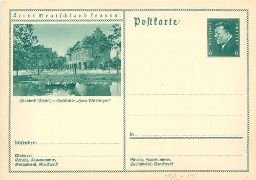 Get to know Germany! Gladbeck restaurant "HAUS Wittringen" postal stationary 6 Pfennig Ebert *around 1930