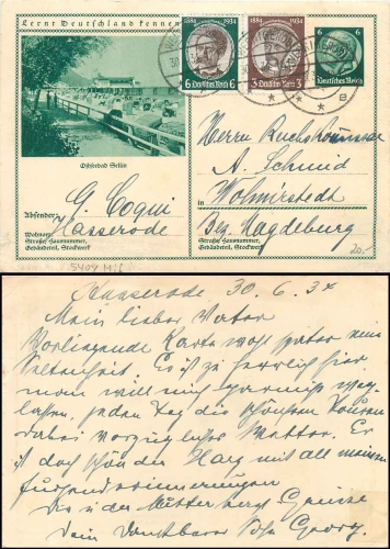 Get to know Germany! Sellin stationary 6 Pfennig Hindenburg green o Wernigerode 30.6.1934