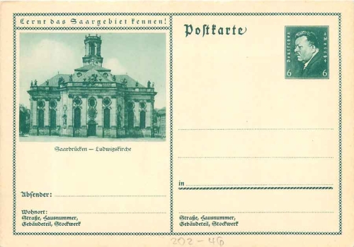 Besucht das schöne Schlesien! Waldenburger Gebirge Ganzsache 6 Pfennig Ebert *um 1930Lernt das Saarbebiet kennen! Saarbrücken Ludwigskirche Ganzsache 6 Pfennig Ebert *um 1930