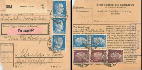 People's grove via Rochlitz country postmark on parcel card o 19.11.1943