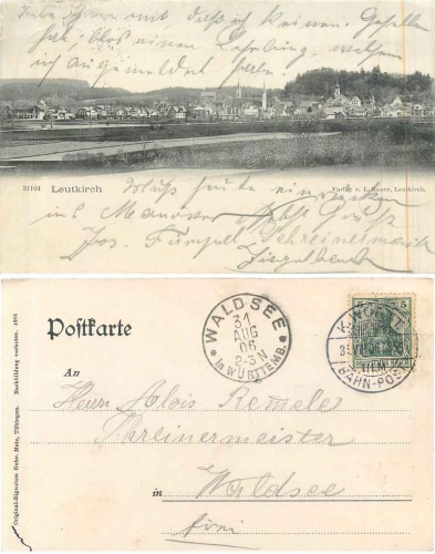 88299 Leutkirch Allgäu Railway mail train 355 Ulm o 31.8.1906