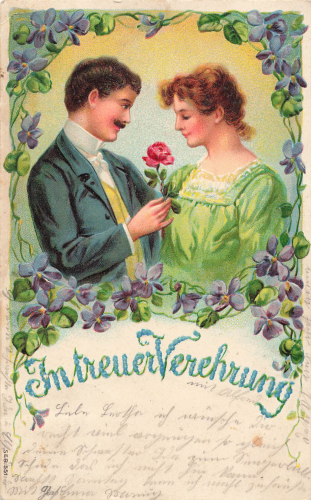 Liebespaar mit Rose Prägekarte o 2.2.1908