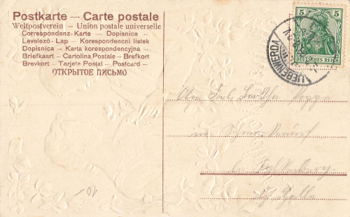 Liebespaar mit Rose Prägekarte o 2.2.1908