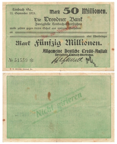 Limbach Fifty million marks Dresdner Bank September 22, 1923 emergency money