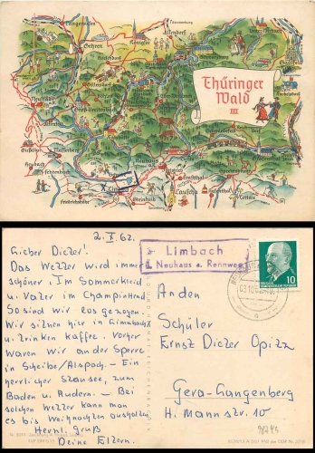 98749 Limbach über Neuhaus am Rennweg Landpoststempel Künstlerkarte Alfred Hoppe Thüringer Wald III o 3.10.1962