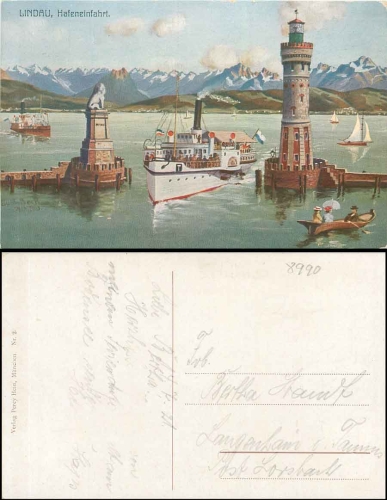 88131 Lindau harbor entrance artist card Guido Beck gebr. 1921