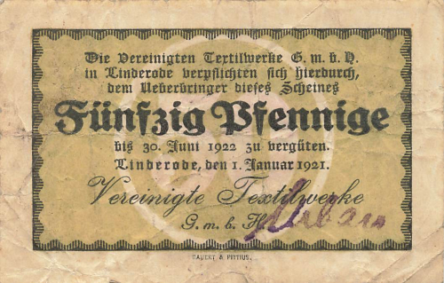 Linderode Textile Works Emergency Money Note Lipinki Luzyckie 1921
