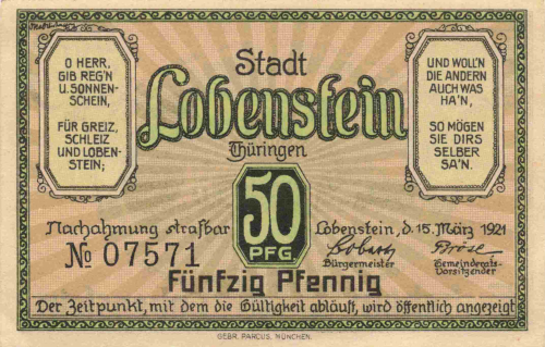 07356 Bad Lobenstein Notgeldschein 1921