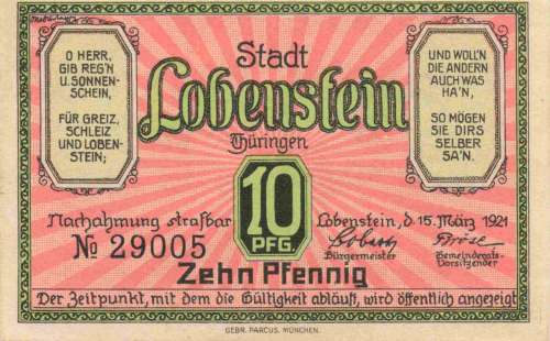 07356 Bad Lobenstein Notgeldschein 1921