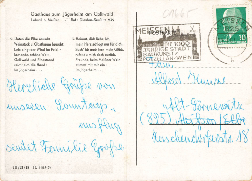 01665 Loebsal Diera-Zehren Jagerheim song card Stephan Dietrich o 1967
