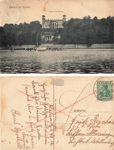 Loschwitz Dresden Albrechtsberg Castle with Elbe steamer Fuerst Bismarck o 4.9.1912