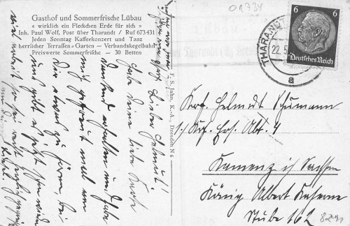 01734 Lübau Rabenau Sachsen Gasthof Paul Wolf Landpoststempel o 1937