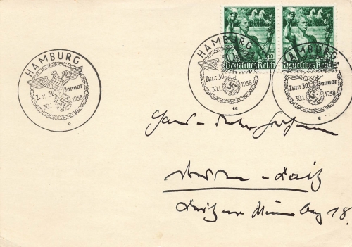 Seizure of power Michel 660 horizontal pair on card special stamp Hamburg January 30, 1938