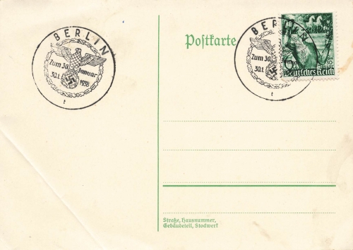 Seizure of power Michel 660 on card special stamp Berlin January 30, 1938