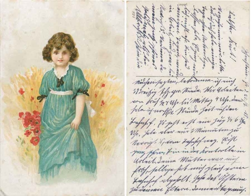 Girl with flowers artist card used 1918