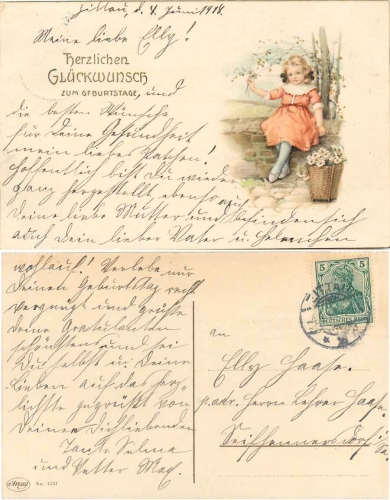 Girl with flower basket Amag 1131 birthday card o 4.6.1914