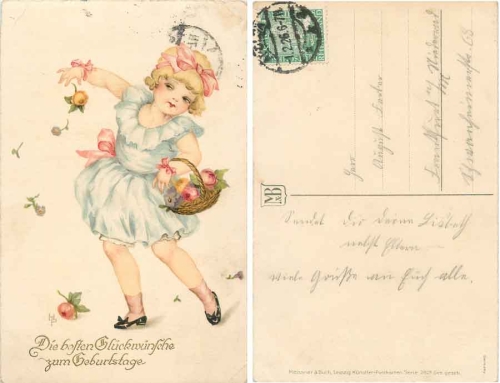 Girl with a basket of flowers Birthday artist card HP o 02/01/1926