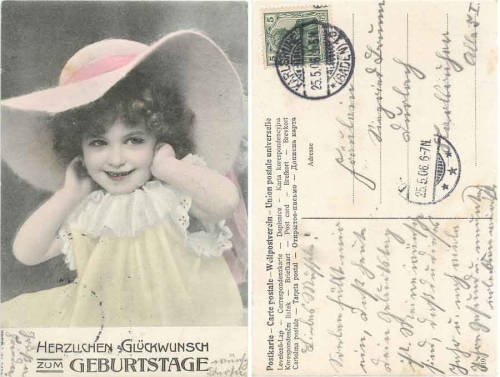 Girl with hat birthday card o 25.5.1906