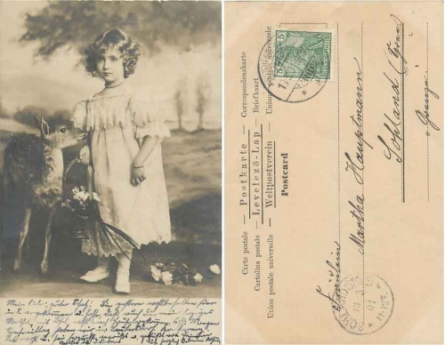 Girl with deer real photo card o 13.5.1901