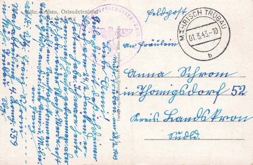 Moravian Truebau Sudetengau Moravská Třebová Feldpost WW2 4th Company State Rifle Battalion 559 1943