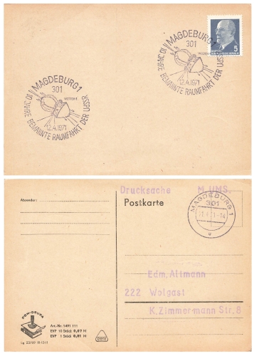 10 Jahre Bemannte Raumfahrt der UdSSR Wostok1 Sonderstempel Magdeburg 12.4.1971
