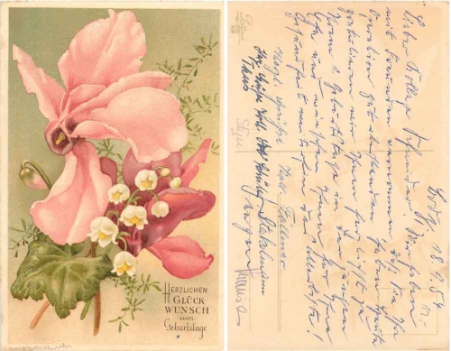 Maiglöckchen mit rosafarbenen Blumen gebr. 18.9.1954