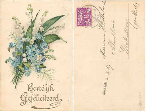Verigißmeinnicht mit Maiglöckchen als Blumenstrauß o 1930Maiglöckchen  mit Vergißmeinnicht Erika 6243 Künstlerkarte  o 31.1.1930