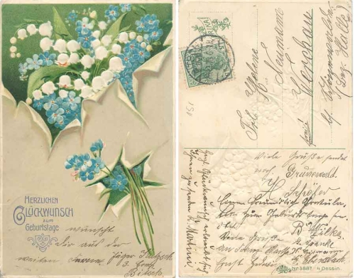 Maiglöckchen Vergissmeinnicht Prägekarte  o 16.12.1908