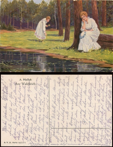 Women at the forest pond, artist's card Mailick Alfred No. 4257/1, o around 1920