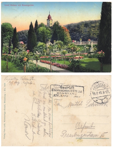 Mainau Rosengarten Zensurstempel Konstanz Geprüft  Überwachungsstelle der XIV. Armee 15.7.1915