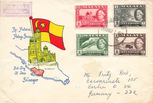 Malaya Selangor First Day of Iooue FDC o 21.8.1957