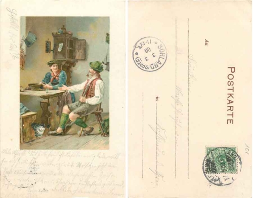 Mann raucht Pfeife am Küchentisch mit Frau, o 3.3.1900